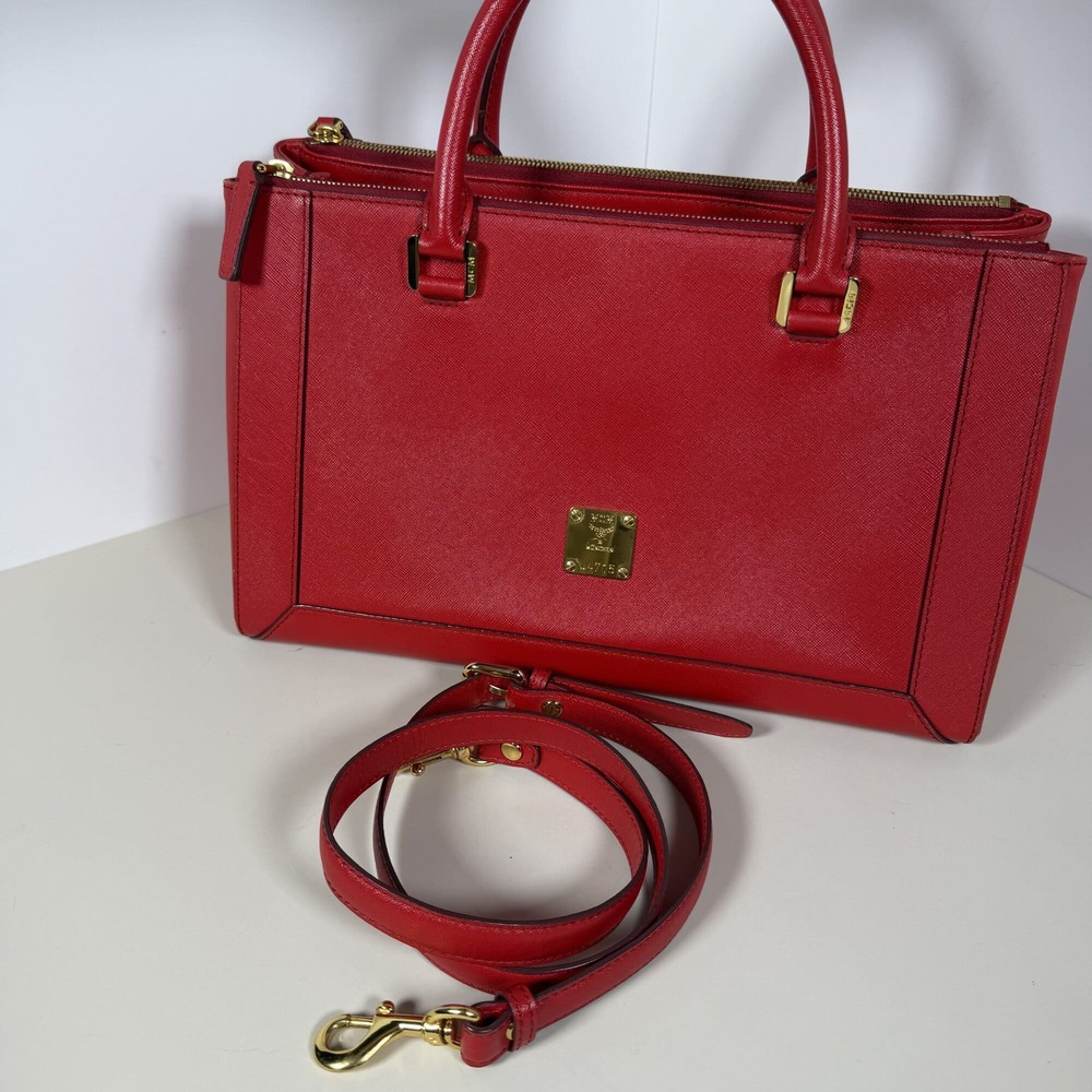MCM Milano Red Saffiano Leather Medium Two-Way Tote Bag
